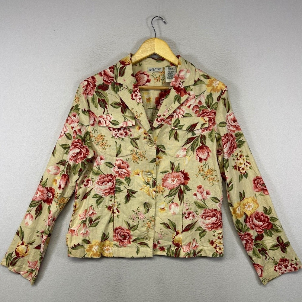 Cottagecore White Stag Womens Small Stone Floral Linen Blend Utility Jacket